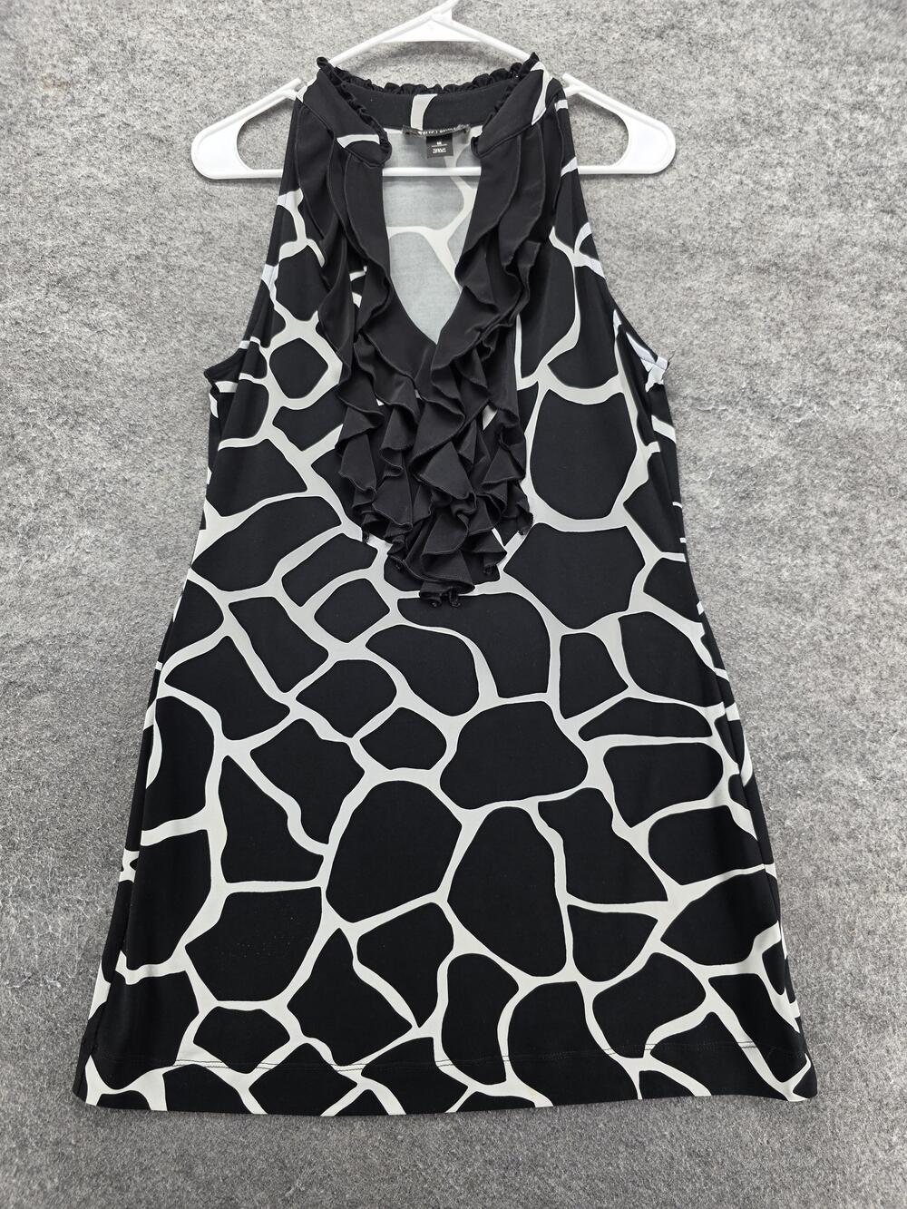 White House Black Market Dress Womens M Black Shift Short Halter Animal Print